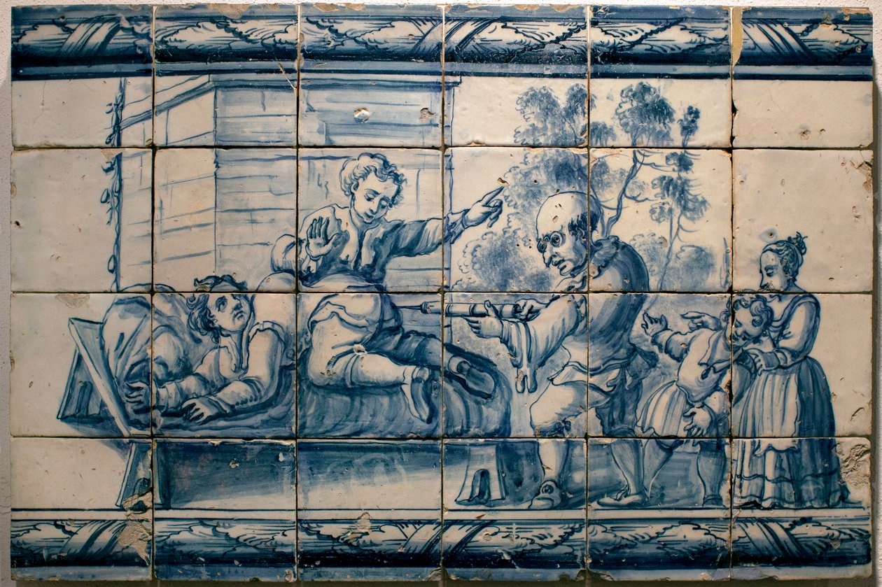 El doctor haciendo una enema a un paciente - Panel satírico de Lisboa, primera mitad del siglo XVIII - Museo Nacional de Azulejos, Lisboa (Portugal) de Portuguese School