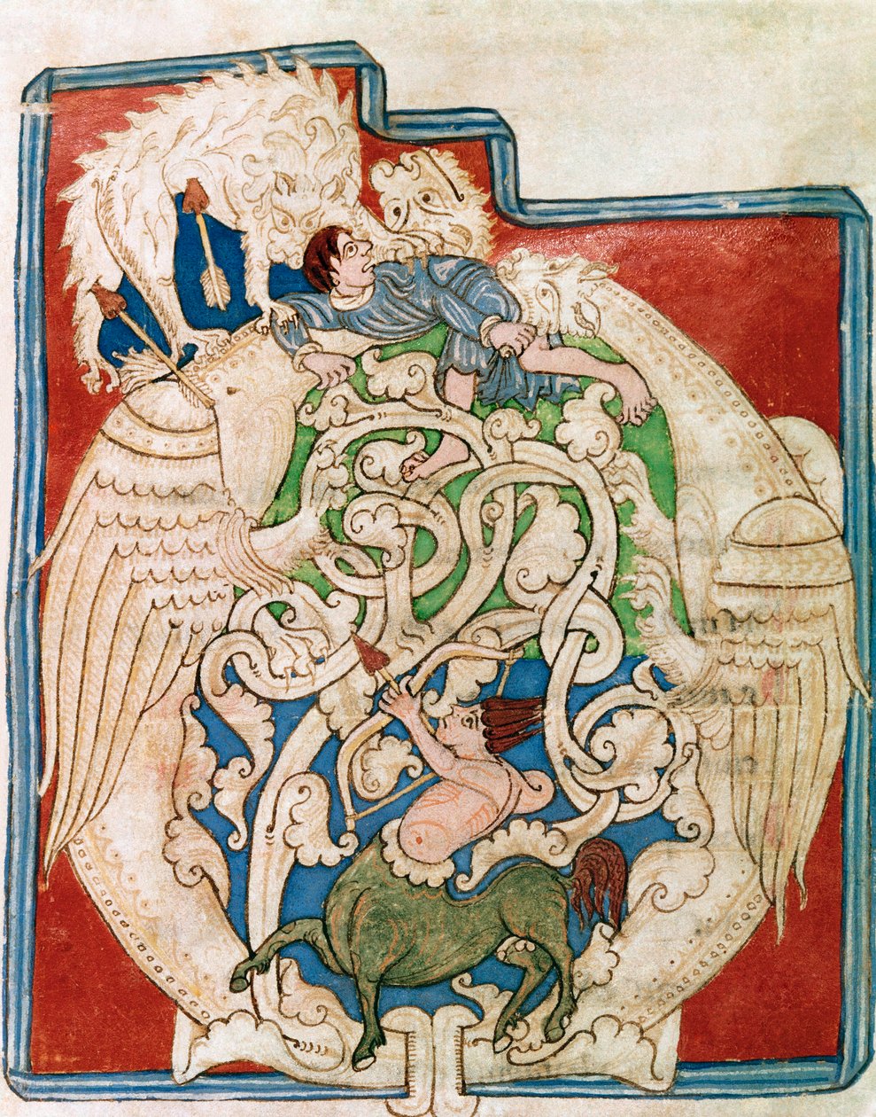 Letra O con representación de un centauro cazador. Miniatura tomada del “Antiguo Testamento” (Testamentum vetus) de Santa Cruz de Coimbra. Siglo XII. Oporto, Biblioteca Municipal de Portuguese School