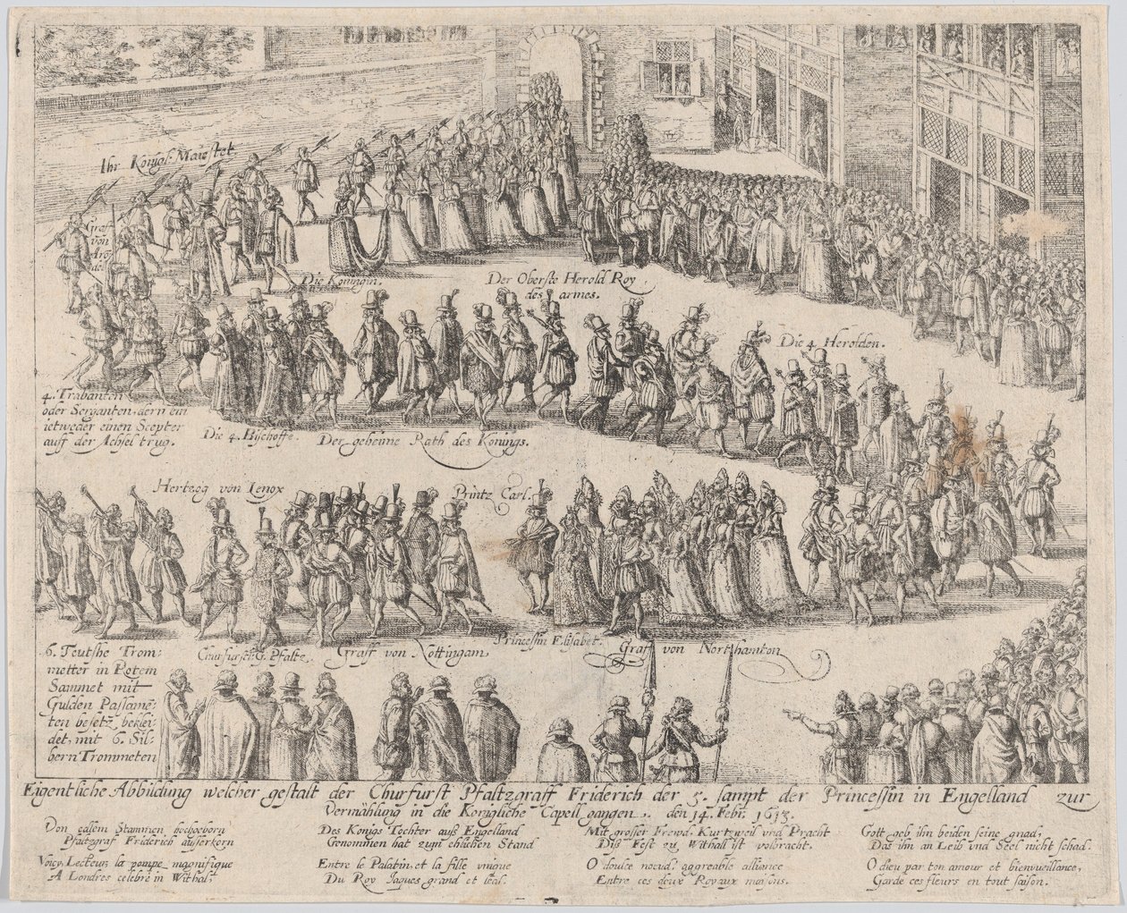 Procesión de matrimonio para la boda de Elizabeth Stuart, hija de James I, y..., 1613 o después de Possibly by Abraham Hogenberg.
