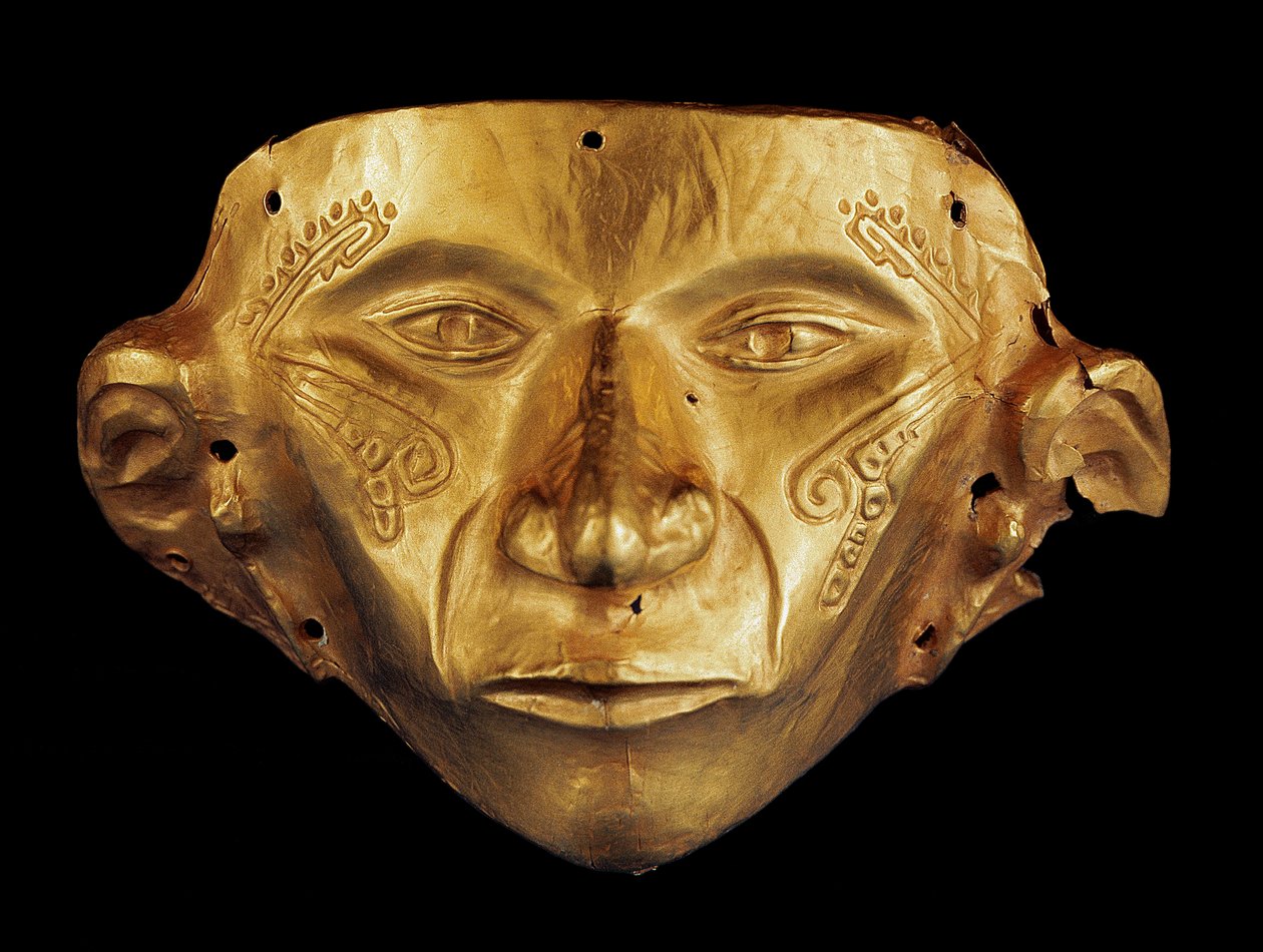Máscara precolombina del Parque Arqueológico de Tierradentro, Alto de San Andrés en Colombia (oro) de Pre Columbian Pre Columbian