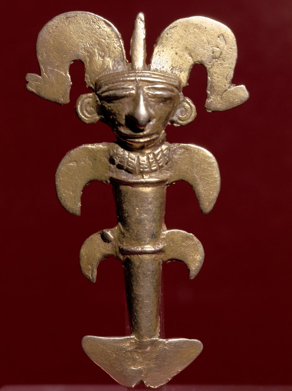 Arte precolombino, civilización quimbaya (Colombia): colgante antropomorfo en oro. 400-1400 d.C. Bogotá, Museo del Oro, Colombia de Pre Columbian Pre Columbian