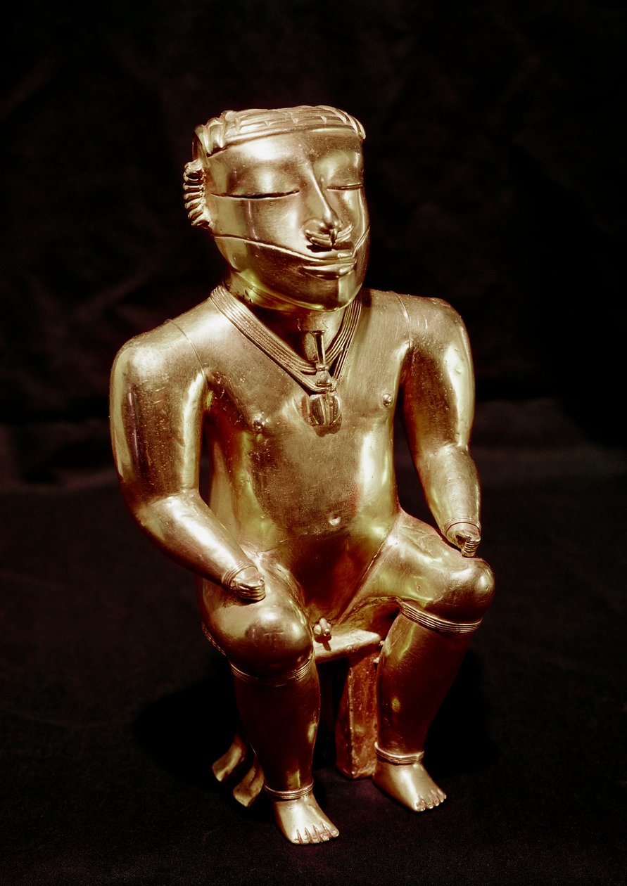 Estatuilla de hombre sentado en oro (arte precolombino, civilización Quimbaya, 400-1400 d.C., Bogotá, Museo de Oro, Colombia) de Pre Columbian Pre Columbian