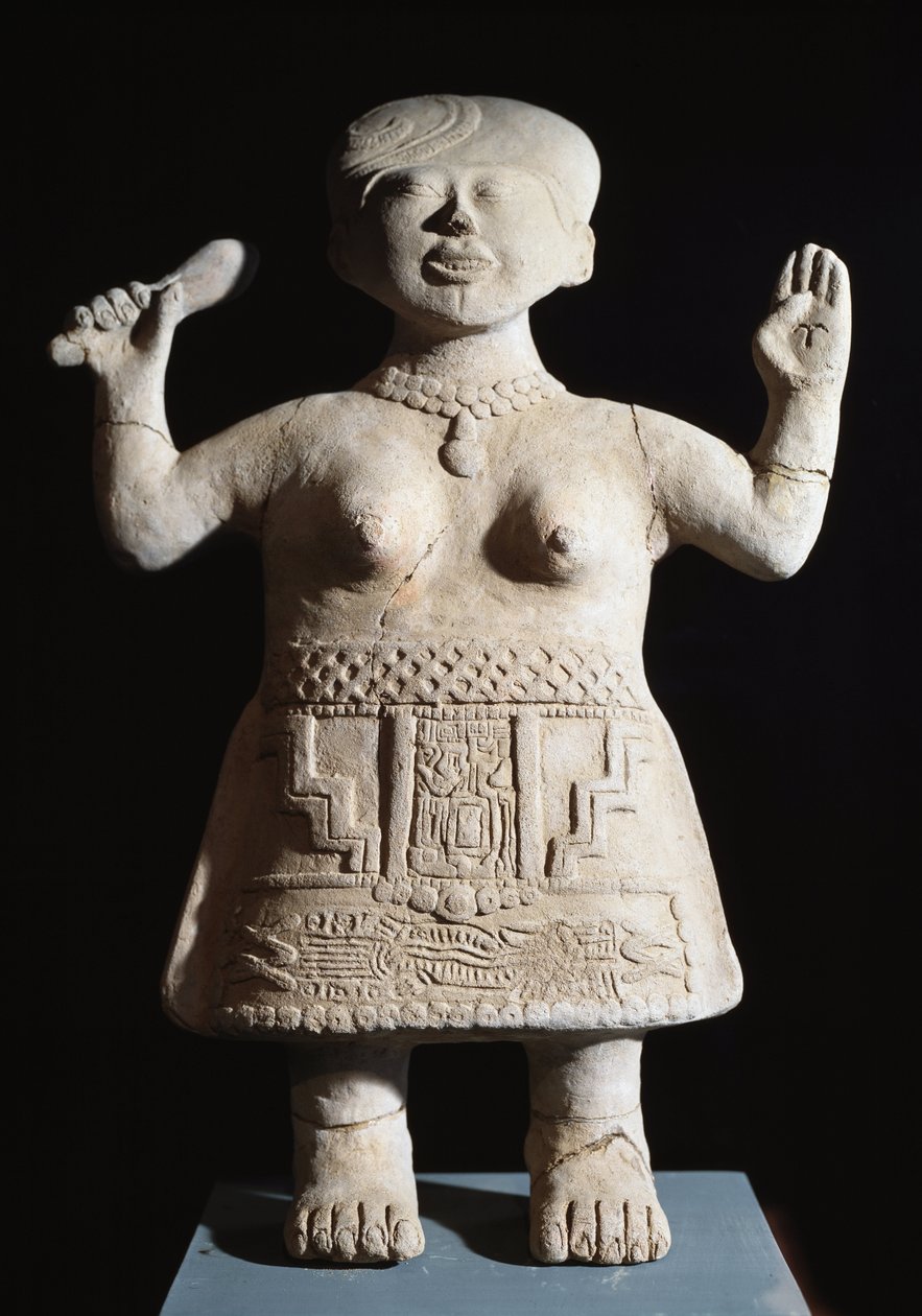 Arte precolombino, civilización totonaca: estatuilla de sacerdotisa con los brazos en el aire. Siglos VI-IX d.C. De El Tajín (piedra) de Pre Columbian Pre Columbian