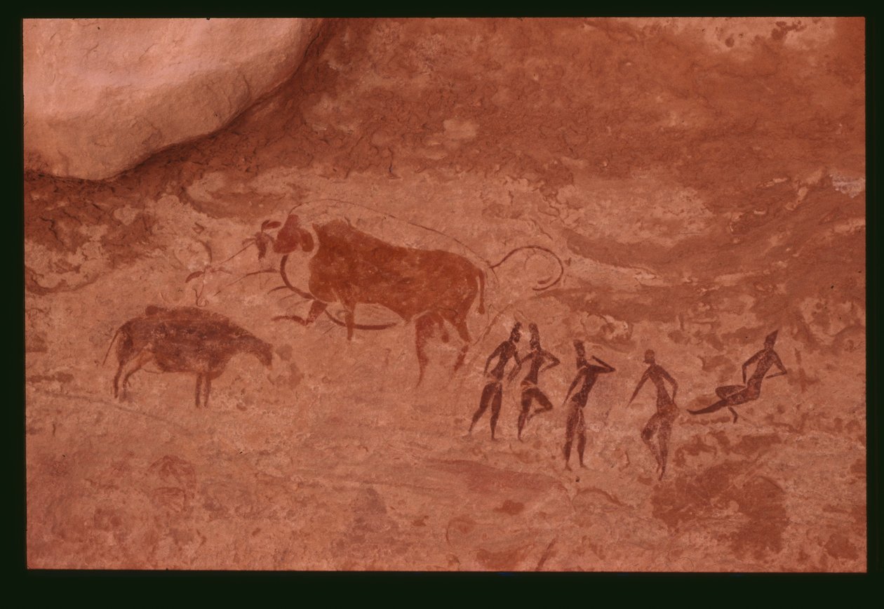 Vacas y figuras humanas (pintura rupestre) de Prehistoric