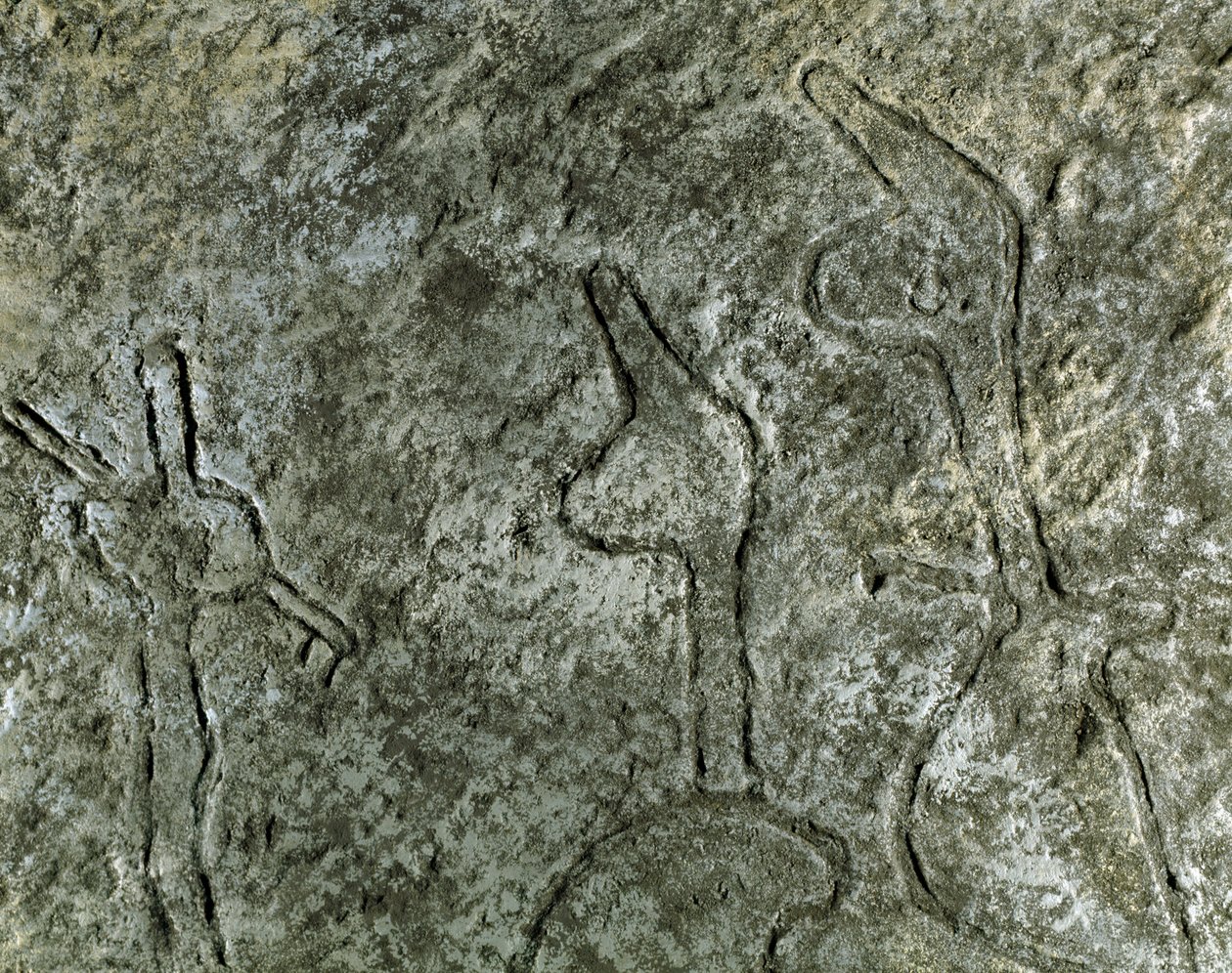 Prehistoria, arte rupestre: petroglifo (graffiti en piedra) de una escena de caza. Neolítico, Edad de Piedra. Edad de Bronce. Bakú, Museo Estatal de Historia de la Religión de Azerbaiyán de Prehistoric Prehistoric