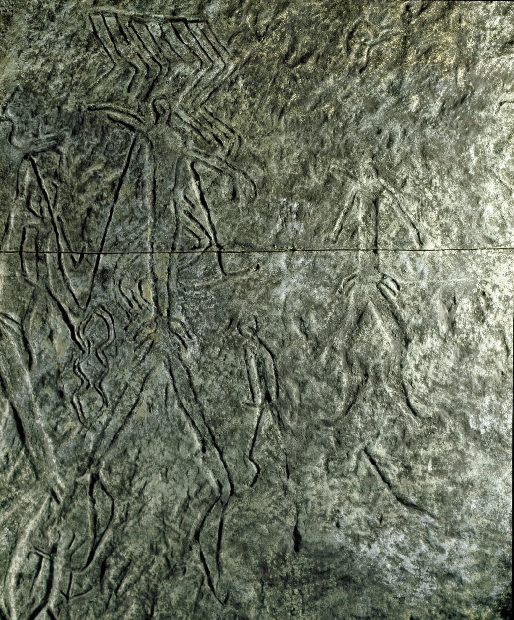 Prehistoria, arte rupestre: petroglifo (graffiti en piedra) de figuras humanas. Neolítico, Edad de Piedra. (Azerbaiyán) Edad de Bronce. Bakú, Museo Estatal de Historia de la Religión de Azerbaiyán de Prehistoric Prehistoric