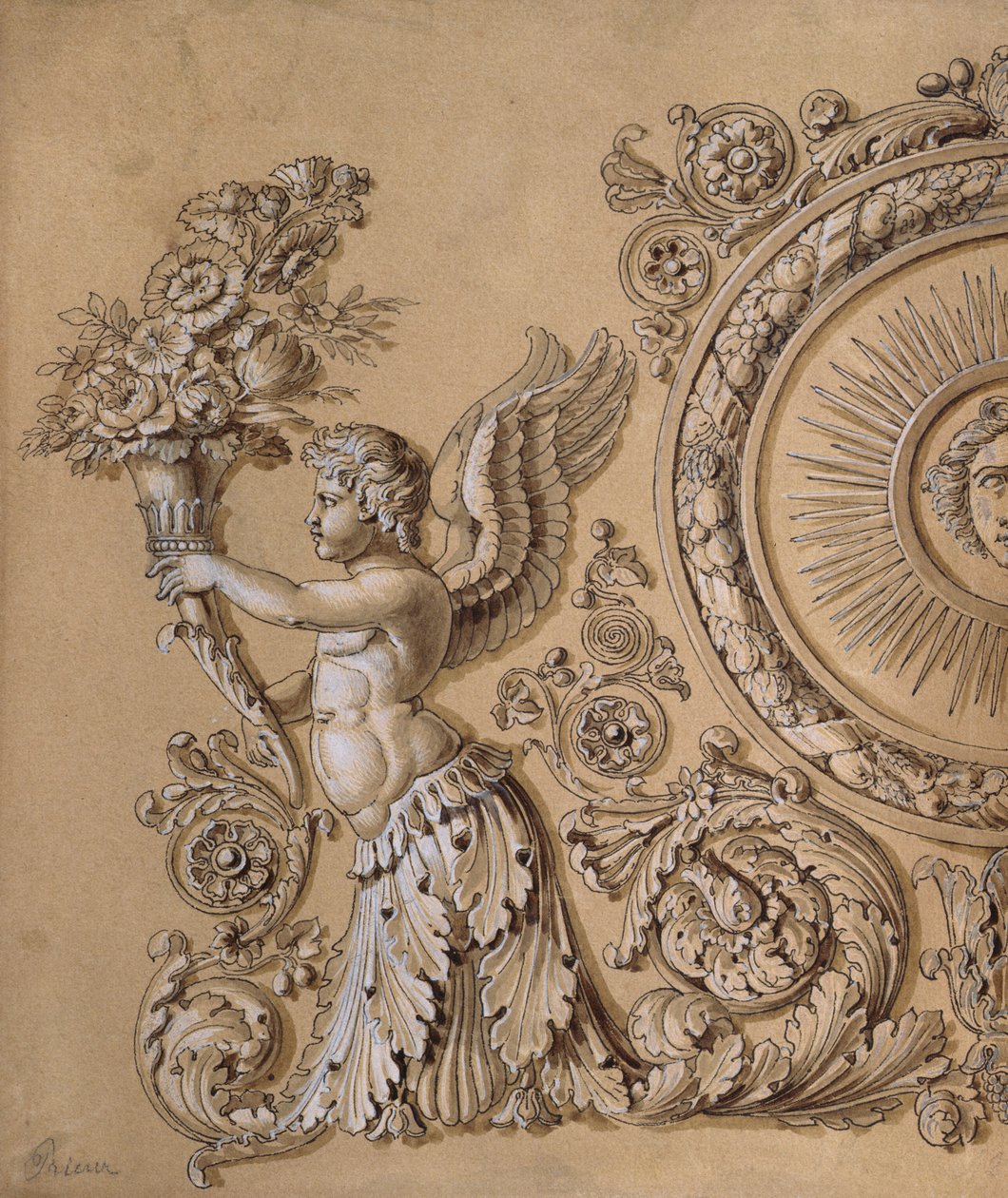 Diseño de platería que representa un querubín con hojas de acanto, c.1800 de Prieur