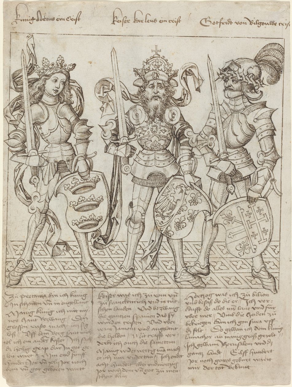 Rey Arturo, Carlomagno y Godofredo de Boulogne de Primary Master of the Strassburg Chronicle