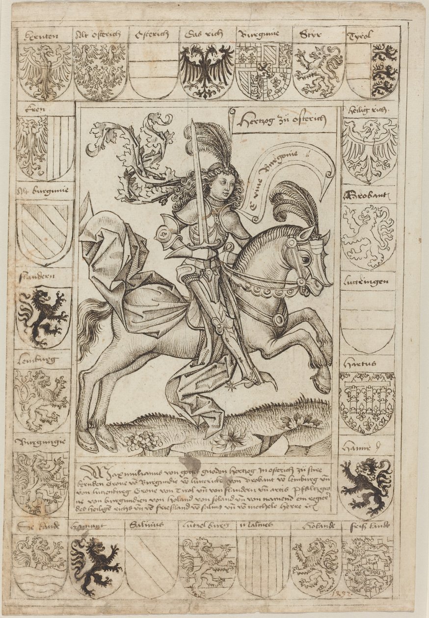 Maximiliano, Duque de Austria, a caballo de Primary Master of the Strassburg Chronicle