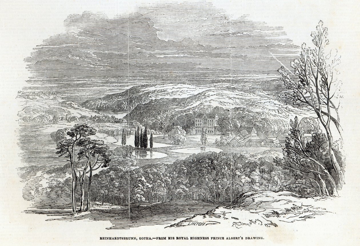 Reinhardtsbrunn, Gotha, grabado por W.J. Linton, de 