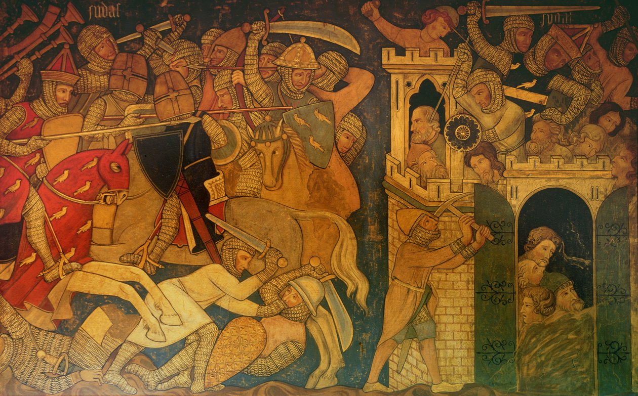 Batalla entre Judas Macabeo y Timoteo, y la Caída de Masfa, reconstrucción de una pared un cuadro originalmente en la Cámara Pintada del Palacio de Westminster de Professor Ernest Tristram