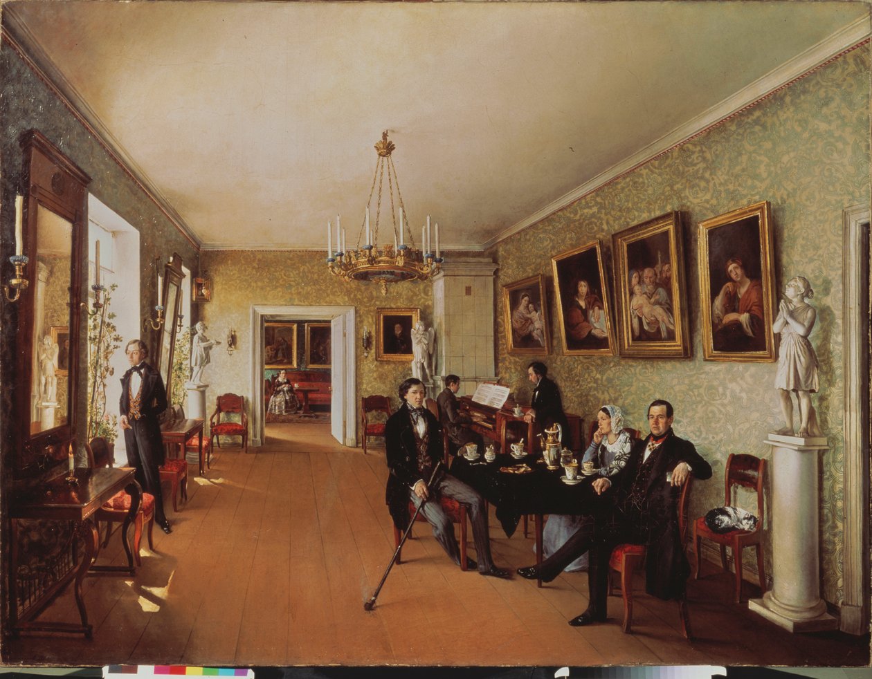 Una escena familiar (Actividades diarias a la hora del té, algunos tocan el piano, otros escuchan, una mujer en el fondo está cosiendo) - Una escena familiar - Pintura de Prokofi Yegorovich Pushkaryev (Pushkaryev) (?-después de 1856), h de Prokophy Egorovich Pushkaryev