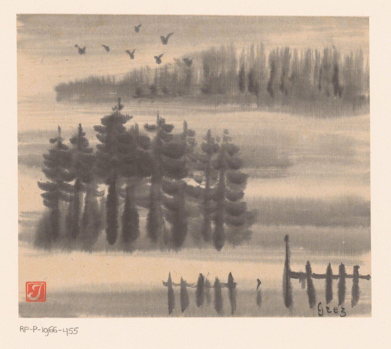 Aves sobre el paisaje forestal de Prosper Alphonse Isaac
