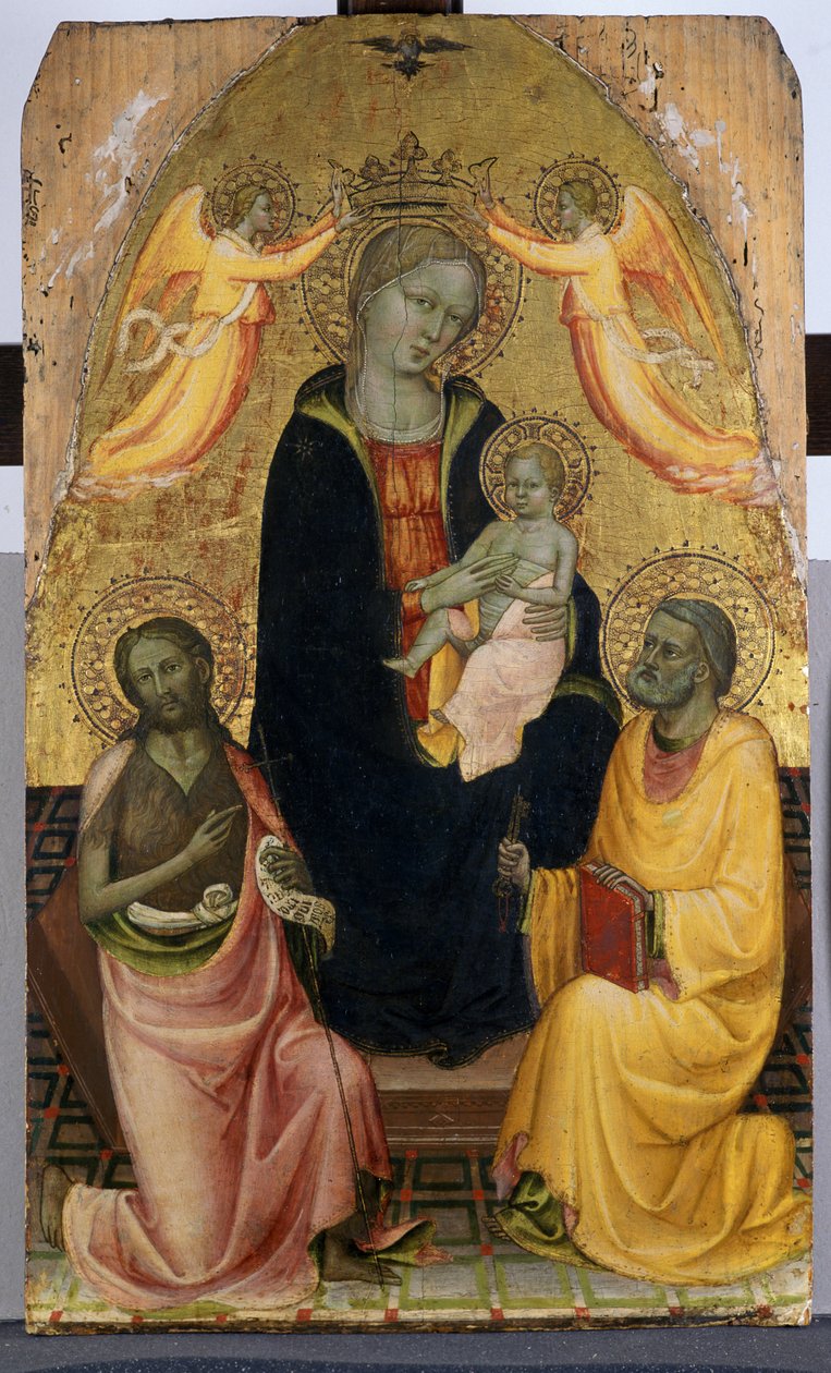 Madonna entronizada y el Niño siendo coronados por dos ángeles, Juan el Bautista y el Apóstol Pedro, c.1410-20 de Pseudo Baldese Pseudo Baldese