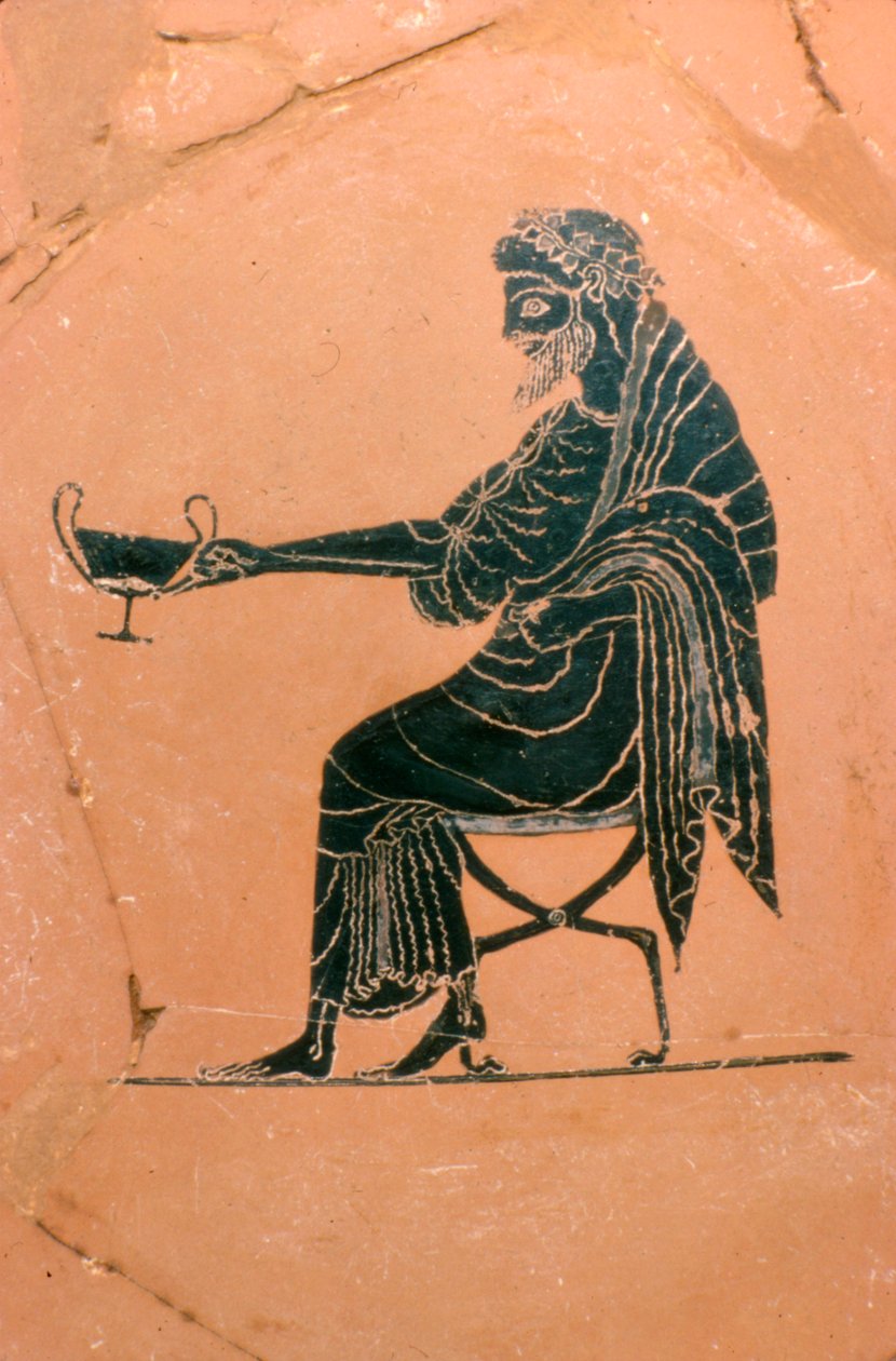 (detalle) de Dionisio sentado, plato griego, c. 520 a.C. de Psiax