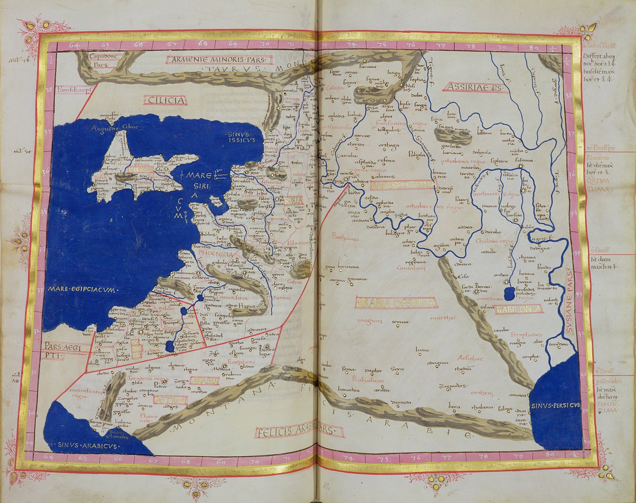 Ms Lat 463 f.111v-112r Mapa de Fenicia, Mesopotamia y Babilonia de Ptolemy