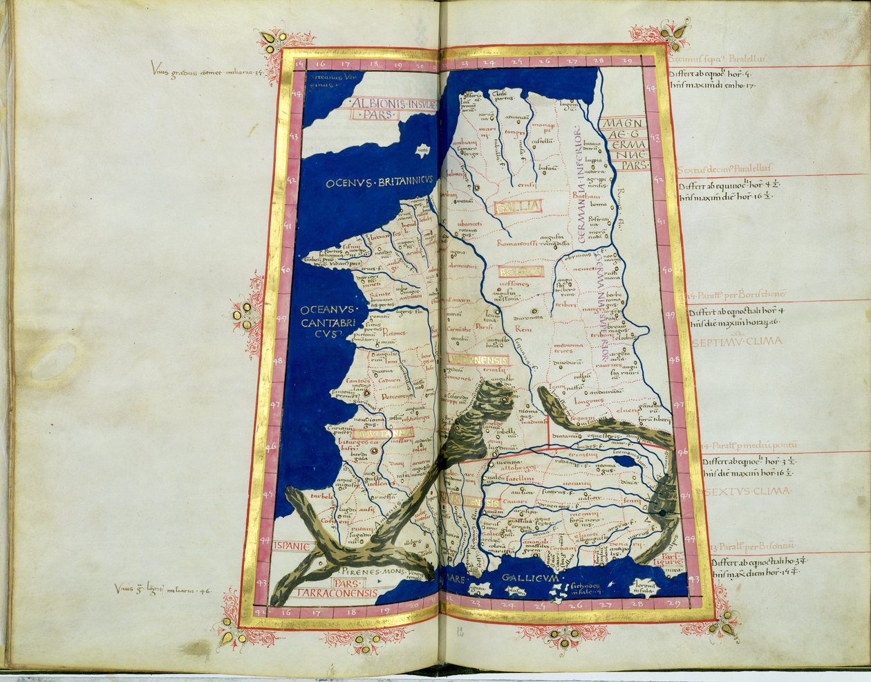 Ms Lat 463 fol.81v-82r Mapa de Galia, Bélgica, Lyon y Aquitania de Ptolemy