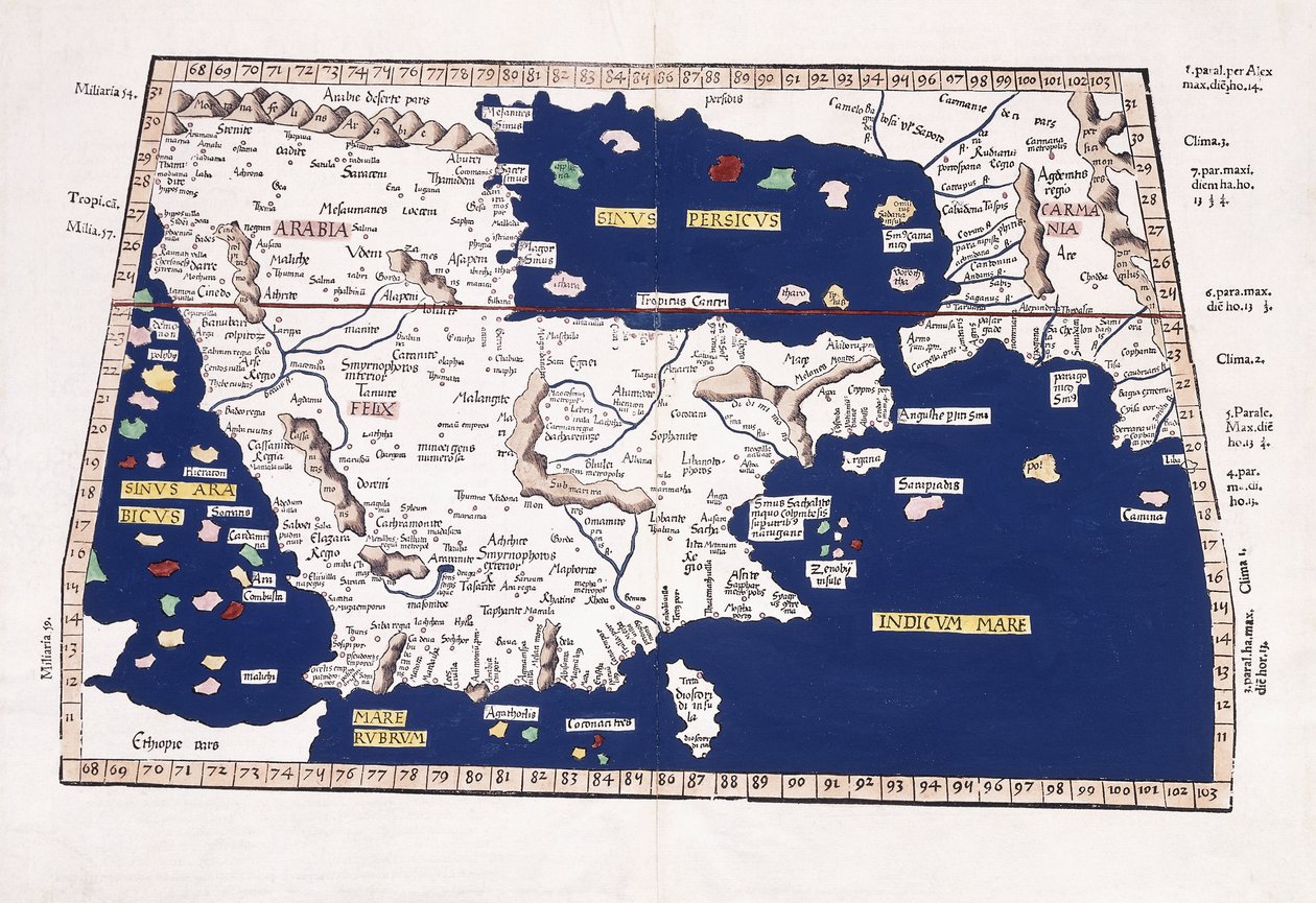 Mapa de Arabia, el Golfo Pérsico y el Mar de la India, 1541 de Ptolemy