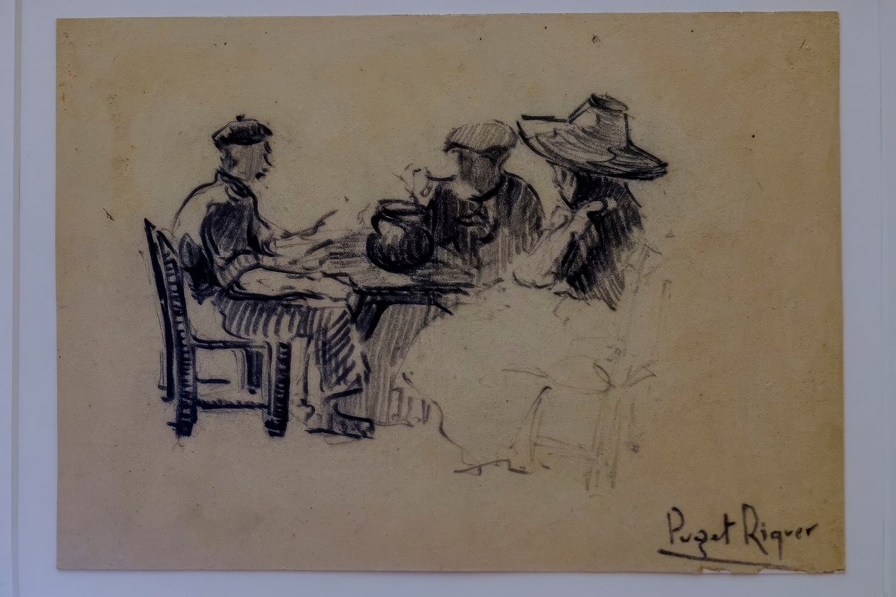 Figuras sentadas, Narcís Puget Riquer, dibujo al carboncillo, museo Puget, casa noble de Can LLaudis, Dalt Vila, Ibiza, Islas Baleares, España de Puget Riquer