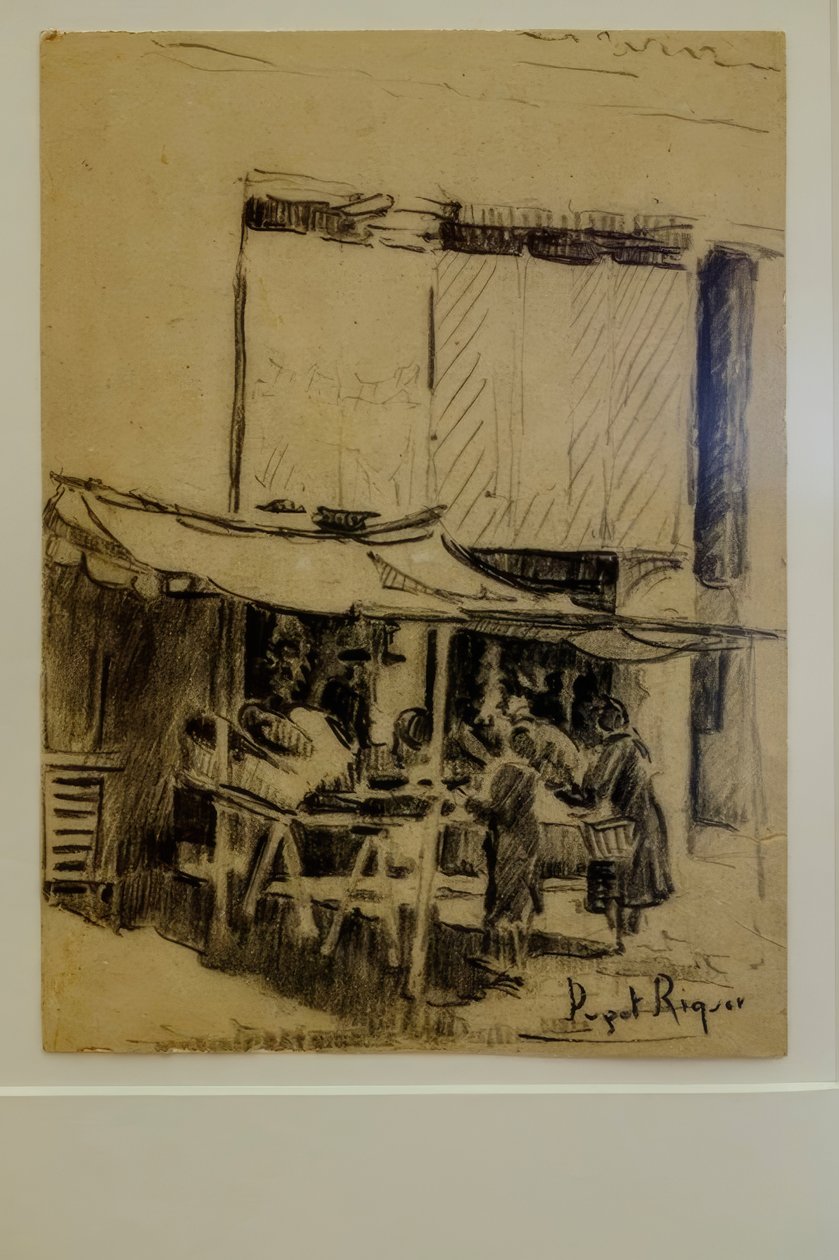 La plaza, Narcís Puget Riquer, dibujo al carboncillo, museo Puget, casa noble de Can LLaudis, Dalt Vila, Ibiza, Islas Baleares, España de Puget Riquer