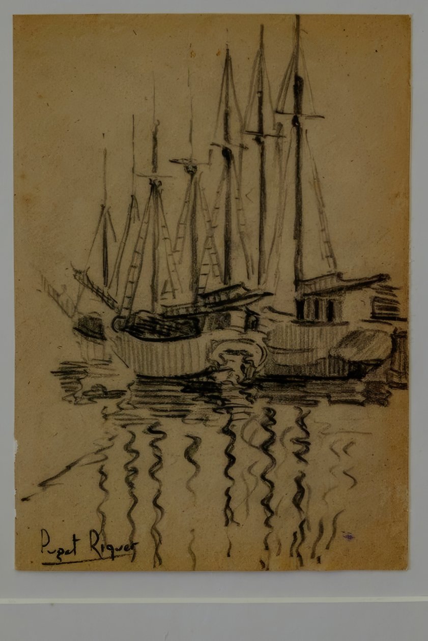 Veleros, Narcís Puget Riquer, dibujo al carboncillo, museo Puget, casa noble de Can LLaudis, Dalt Vila, Ibiza, Islas Baleares, España de Puget Riquer