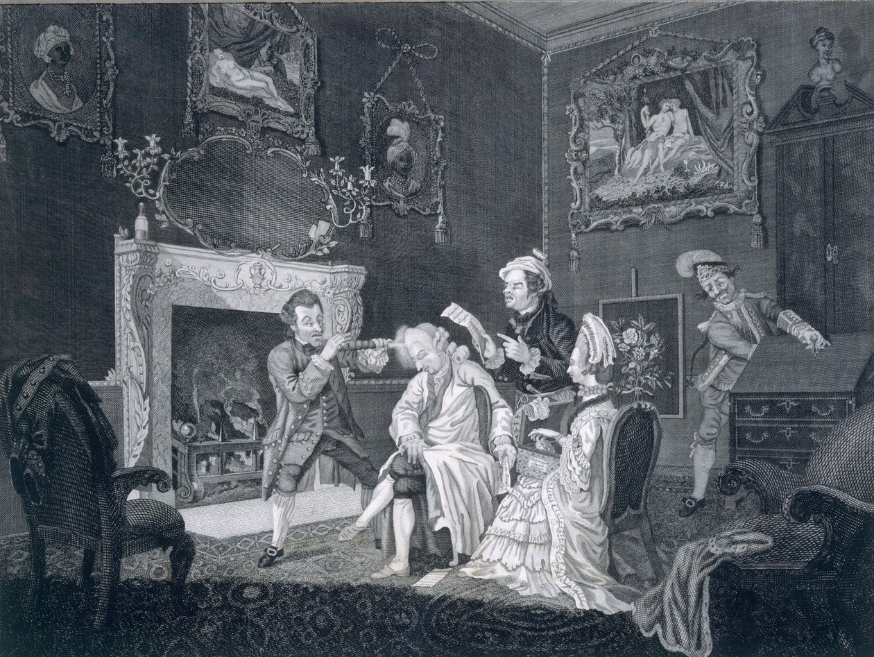 Sirvientes distraen a un viejo vanidoso mientras otro roba del escritorio, grabado por Goldar, 1771 de Pugh