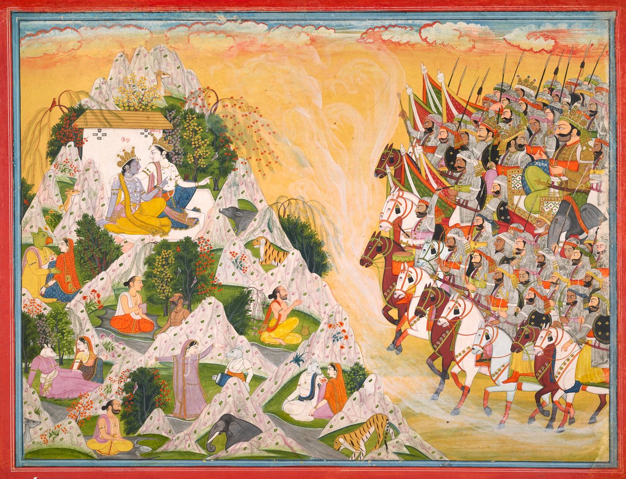 El ejército de Jarasandha avanza hacia Krishna y Balarama, folio de un Mahabharata, ca. 1800-1815 de Purkhu