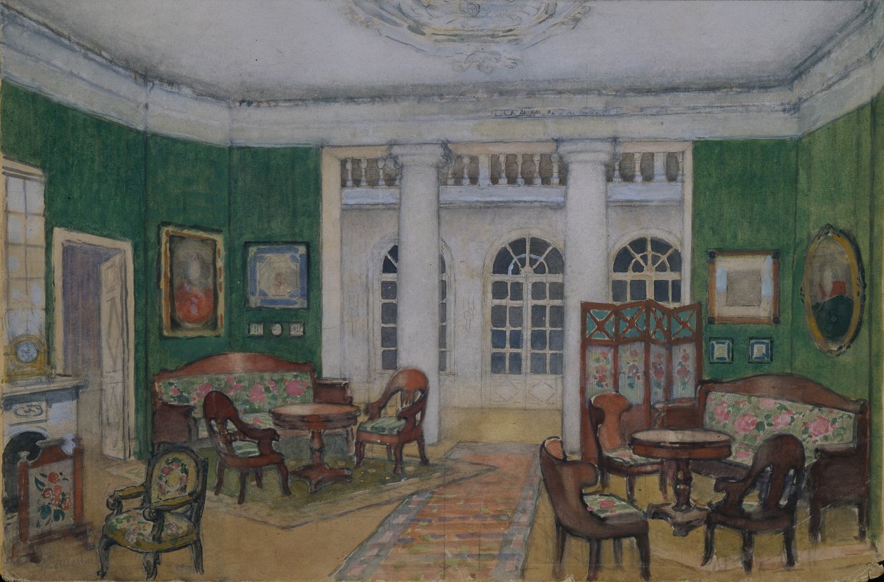 Diseño de escenario para la ópera Eugene Onegin de P. Tchaikovsky, 1900s de Pyotr Borisovich Lambin