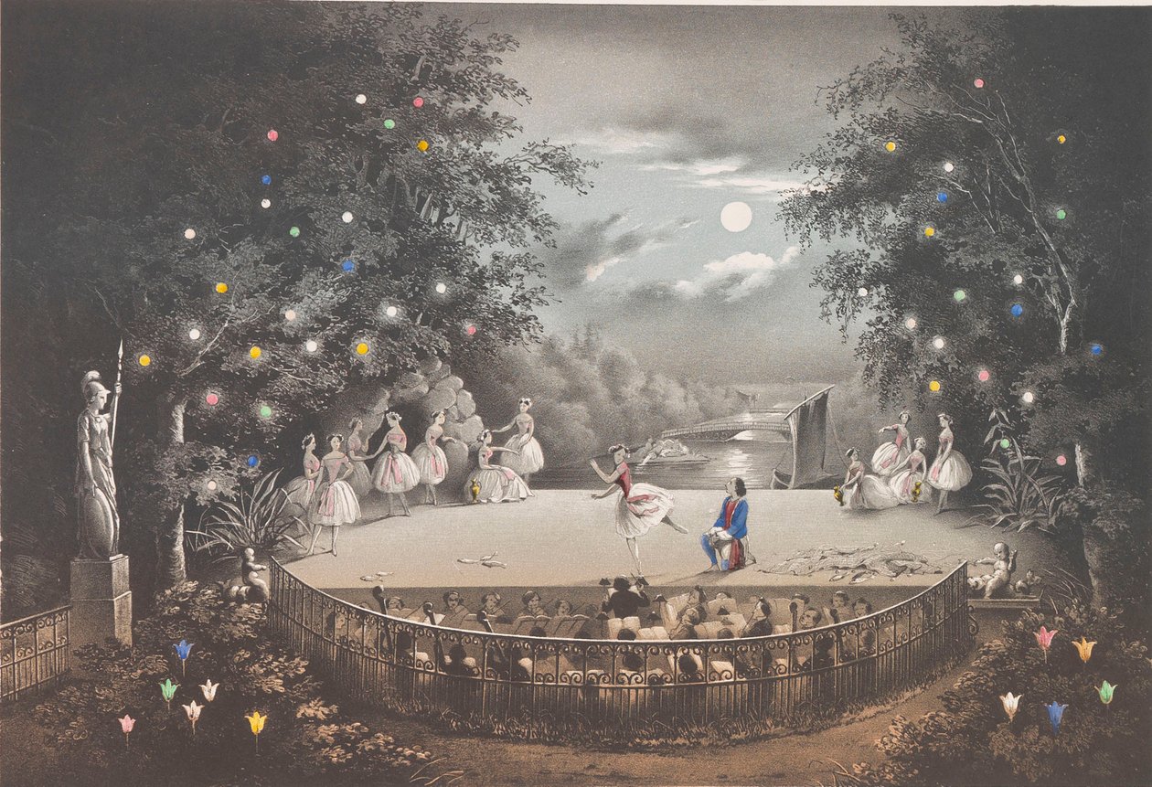 El ballet Naiad y el Pescador de C. Pugni en el pabellón Rosa, en el Parque Peterhof, 1851 de Pyotr Fyodorovich Borel
