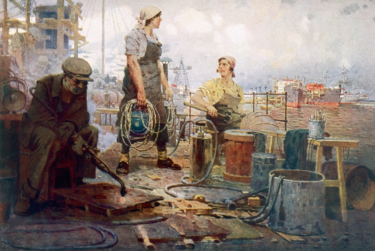 El Astillero Rojo de Sormovo, c.1920 (litografía en color) de Pyotr Ivanovich Kotov