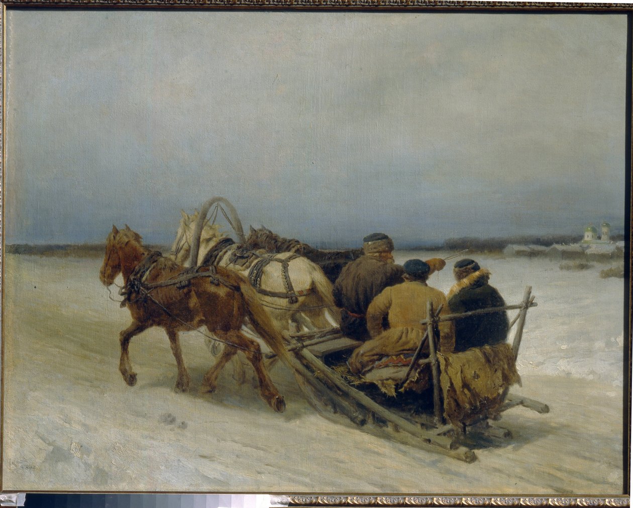 Troika en invierno. (Enganche tradicional ruso, tirado por tres caballos). Pintura de Pyotr (Piotr) Petrovich Sokolov (1821-1899), óleo sobre lienzo de Pyotr Petrovich Sokolov