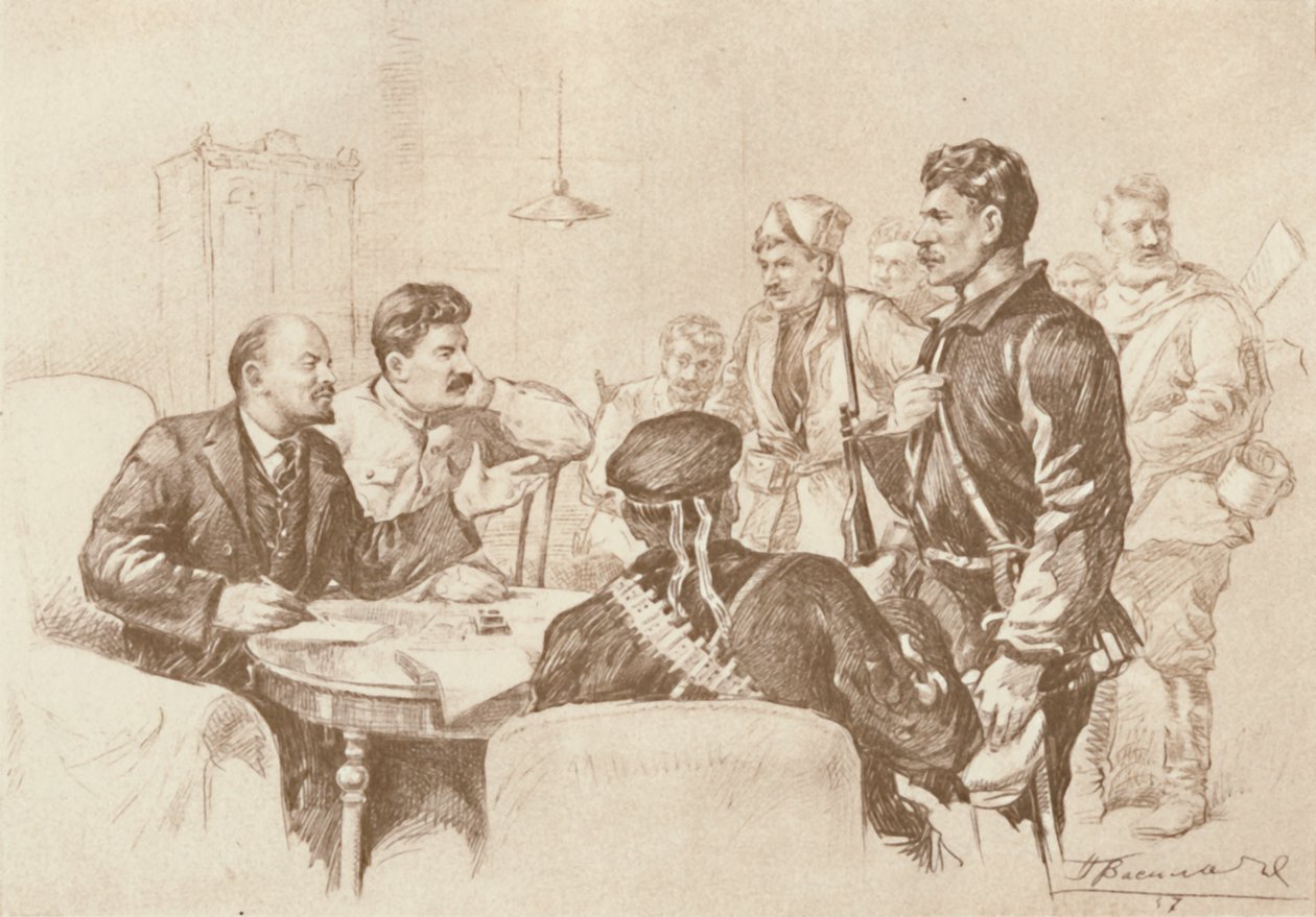 Lenin y Stalin Hablando a los Guardias Rojos en el Smolny de Pyotr Vasilyev