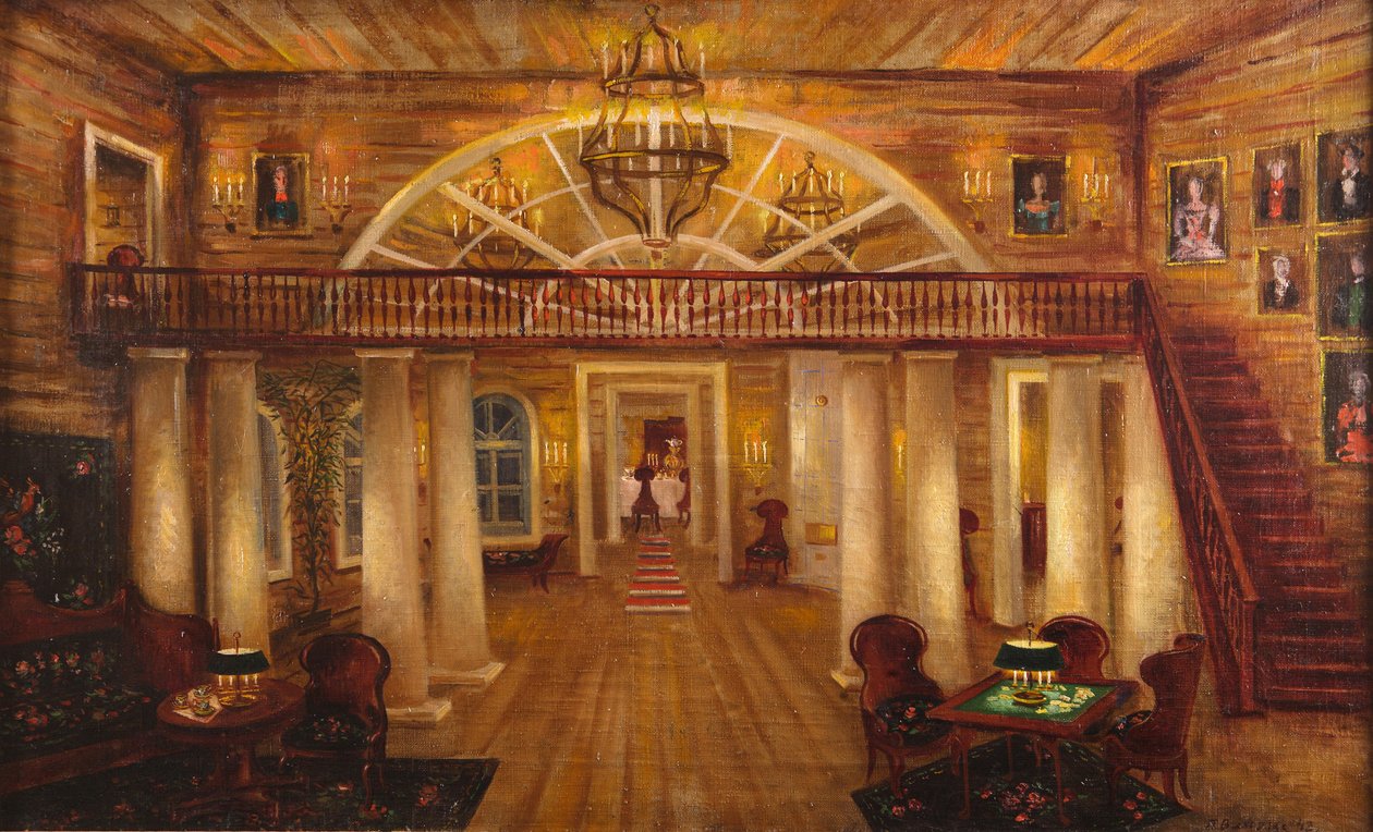 La casa de los Larin. Diseño de escenario para la ópera Eugene Onegin de P. Tchaikovsky, 1944 de Pyotr Vladimirovich Williams