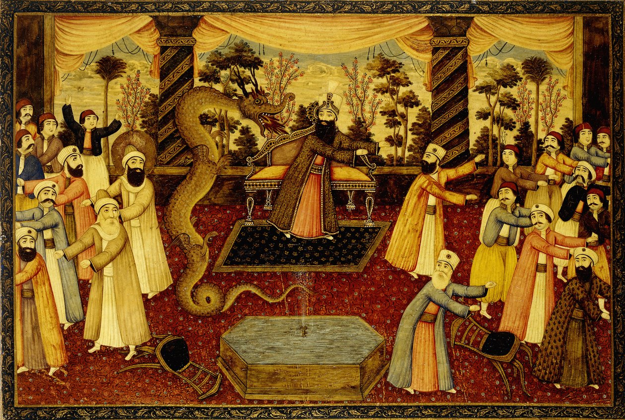 Y arrojó su vara, y se convirtió en una serpiente, y Moisés huyó de ella, c. 1860-70 de Qajar School