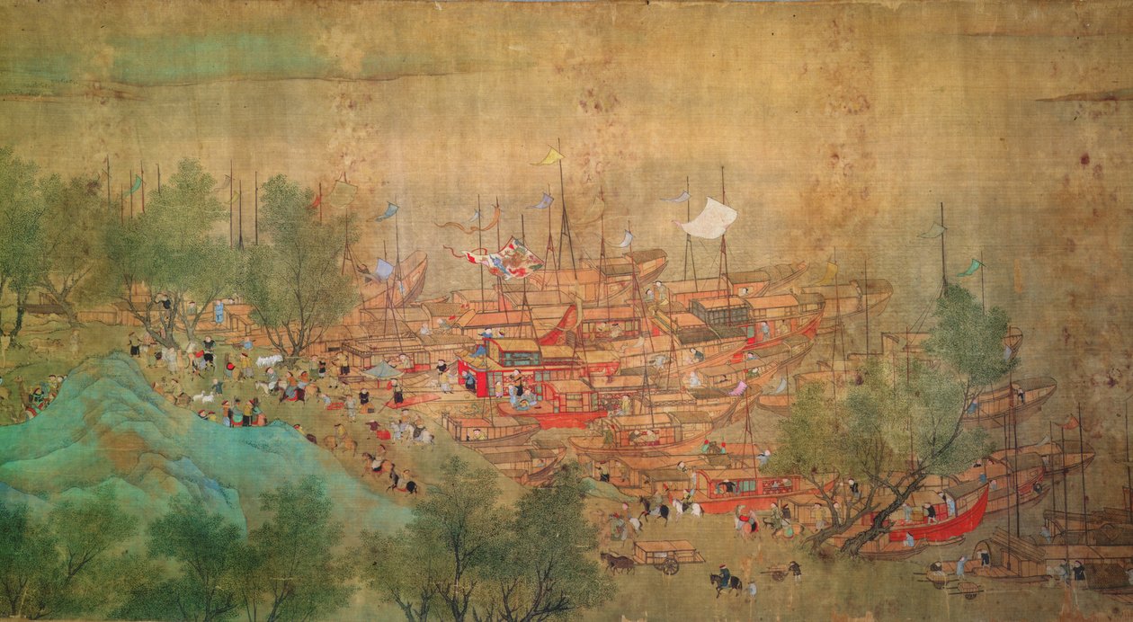 La gira del emperador Kang Shi por Kiang-Han en 1699, después de Chaio Ping Chen (1661-1722) (tinta y color sobre papel con respaldo de seda) de Qing Dynasty Chinese School