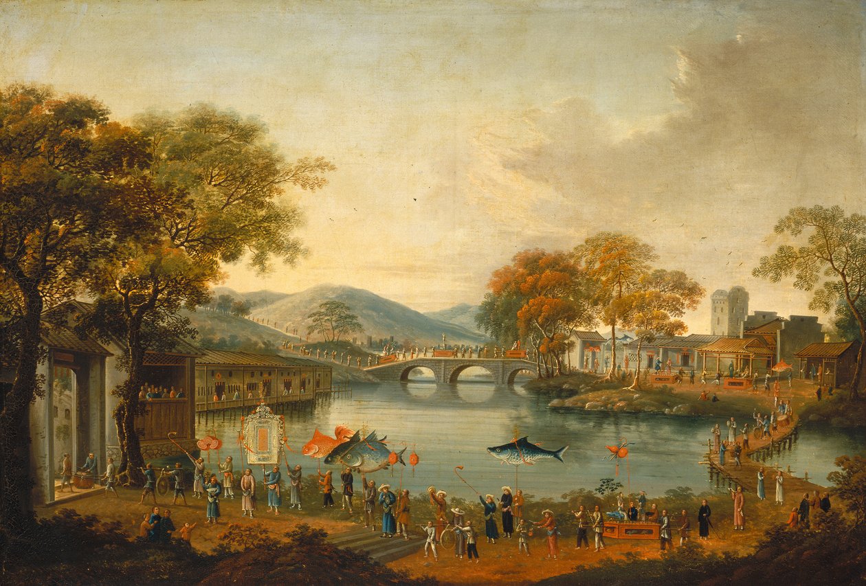 Procesión junto a un lago de Qing Dynasty Chinese School