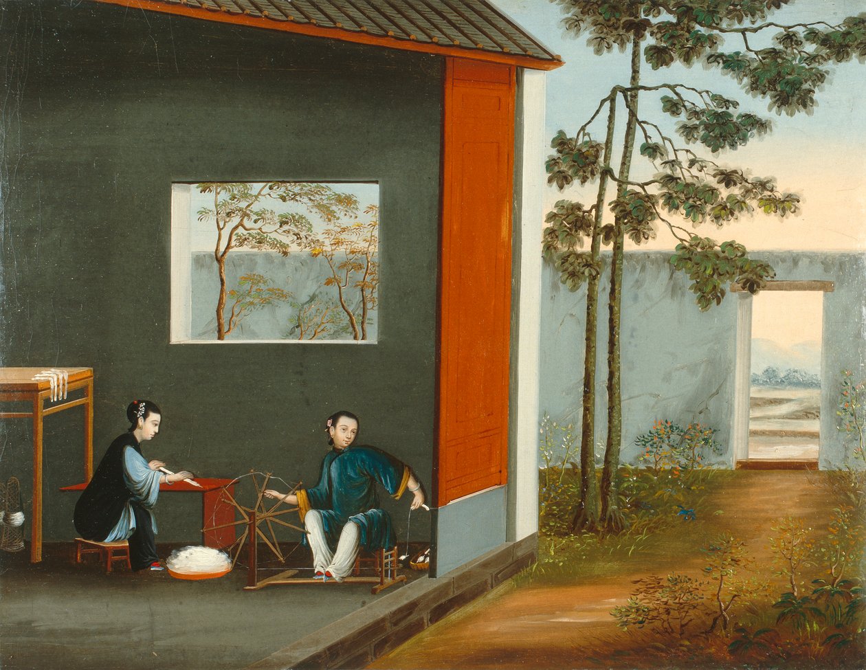 Dos mujeres hilando, c.1800 (óleo sobre lienzo) de Qing Dynasty Chinese School