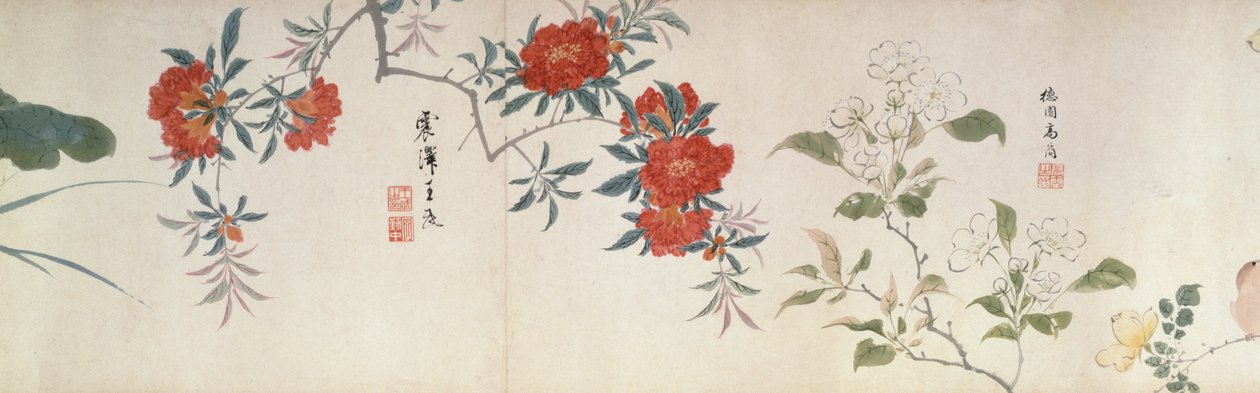 Flores, pergamino de mano de Qing Dynasty Chinese School