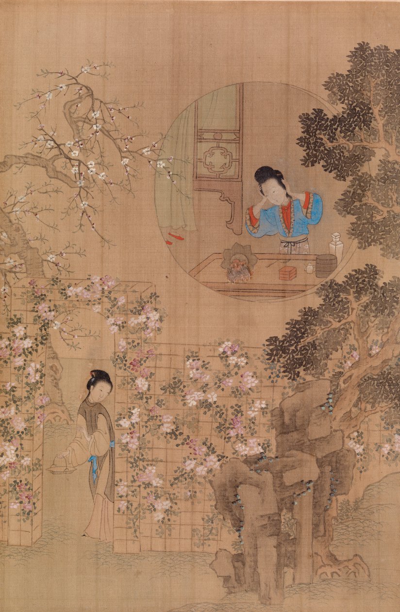 Mujer en jardín - Mujer en ventana circular de Qiu Ying