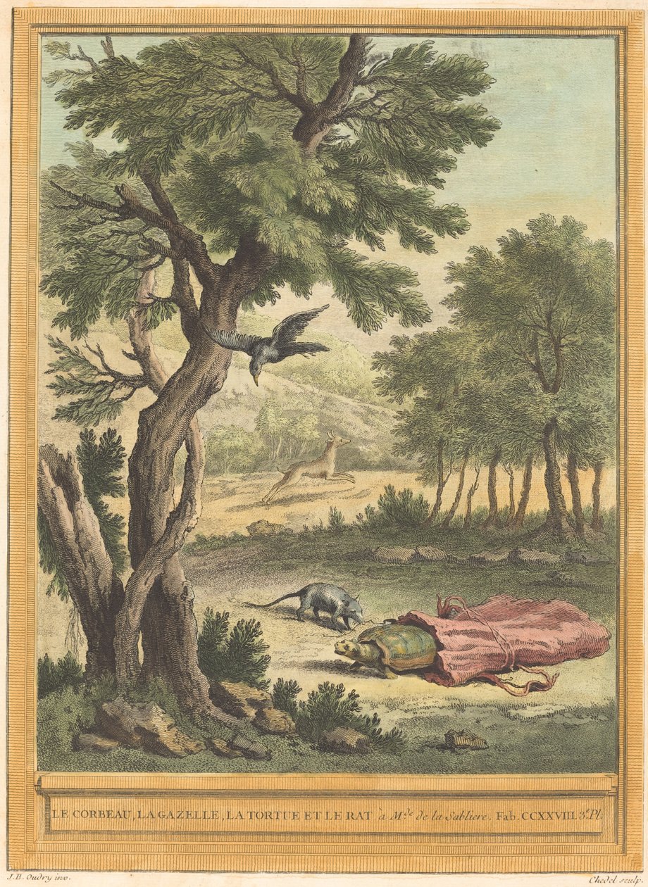 El Cuervo, la Gacela, la Tortuga y el Ratón de Quentin Pierre Chedel after Jean Baptiste Oudry