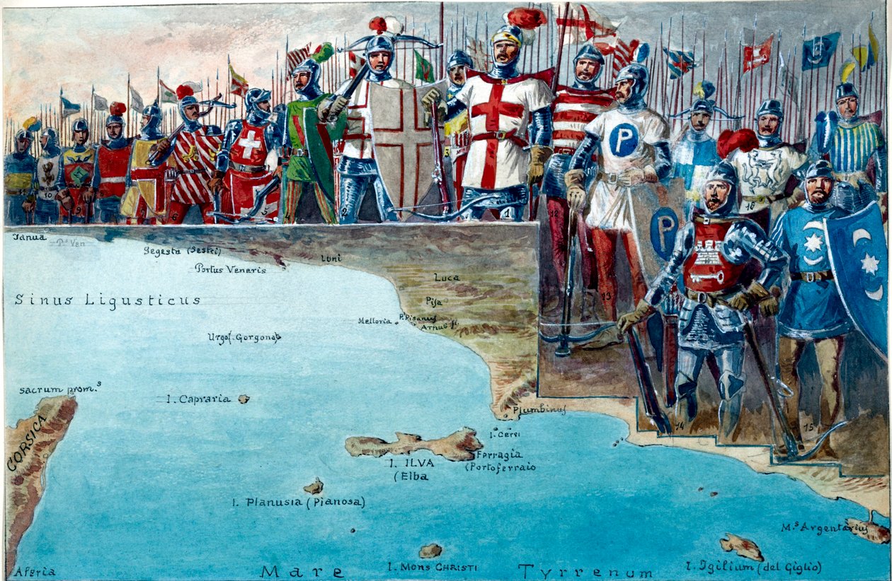 Mapa del campo de batalla de la Batalla de Meloria en 1284, con los uniformes y trajes militares de las tropas genovesas que participaron en ella de Quinto Cenni