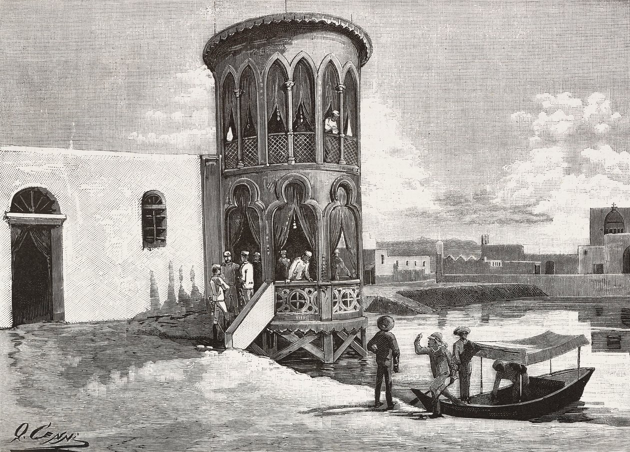 Una pequeña torre morisca que alberga el club de los oficiales italianos, Massawa, Eritrea, grabado de un dibujo de Quinto Cenni y un boceto de Pieragostini, de L