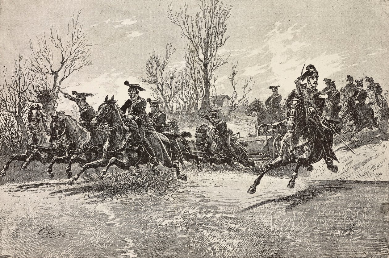 Artillería a caballo, ejército italiano, grabado de un dibujo de Quinto Cenni, de L