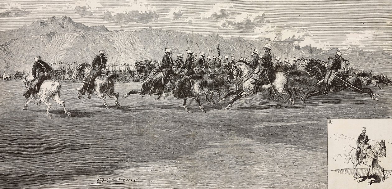 Ejercicios de caballería el 17 de septiembre, con lancero a la derecha, Pordenone, Italia, grabado de Cantagalli de un dibujo de Quinto Cenni, de L