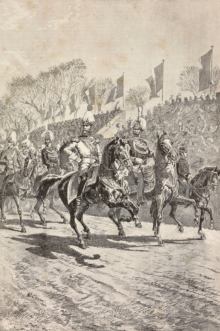 Jefes de Estado Mayor entrando en el campo de desfile, celebraciones por la visita del príncipe heredero de Alemania (futuro Federico III) a Roma, Italia, grabado de un dibujo de Quinto Cenni, de L