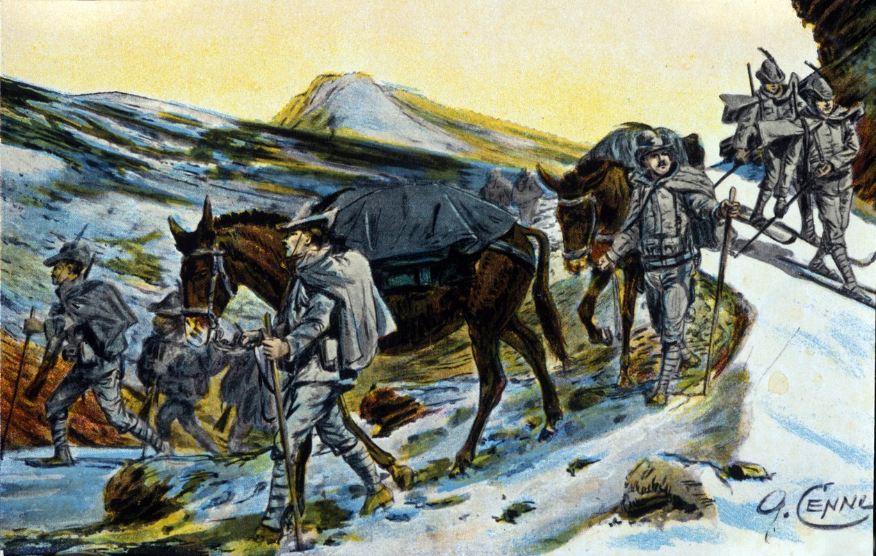 Primera Guerra Mundial: grupo de cazadores alpinos italianos en reconocimiento con sus mulas en 1915. Ilustración de Quinto Cenni (1845-1917) de Quinto Cenni