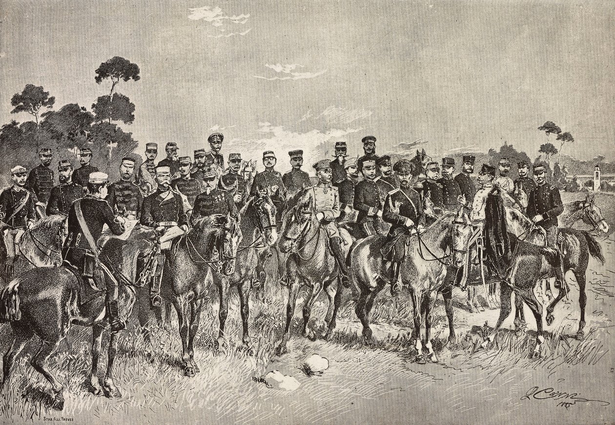 Oficiales de ejércitos extranjeros visitando a soldados italianos en Lombardía, Italia, grabado de un dibujo de Quinto Cenni, de L