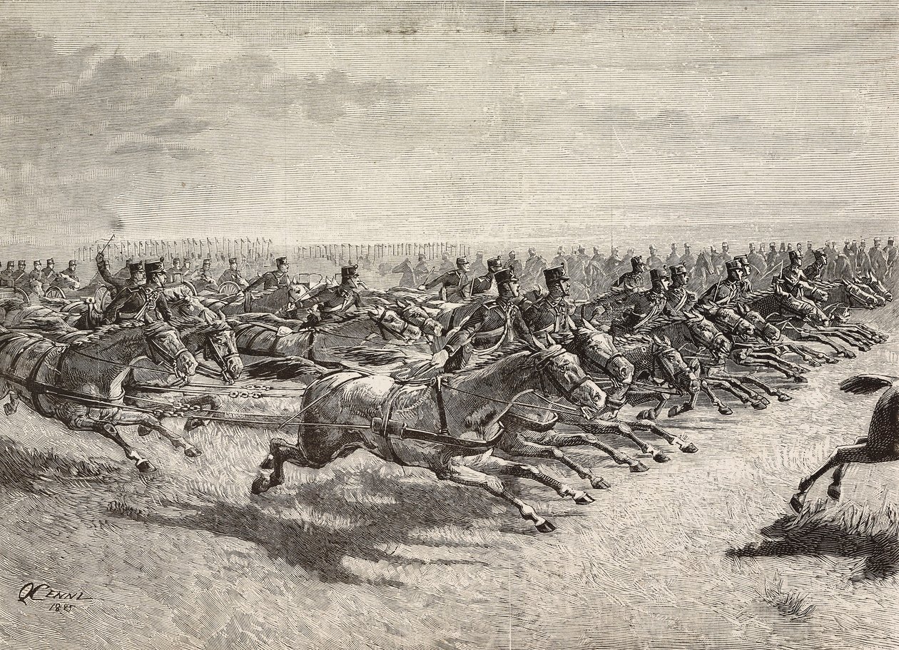 Artillería a caballo del ejército italiano pasando a galope tendido, Lombardía, Italia, grabado de un dibujo de Quinto Cenni, de L