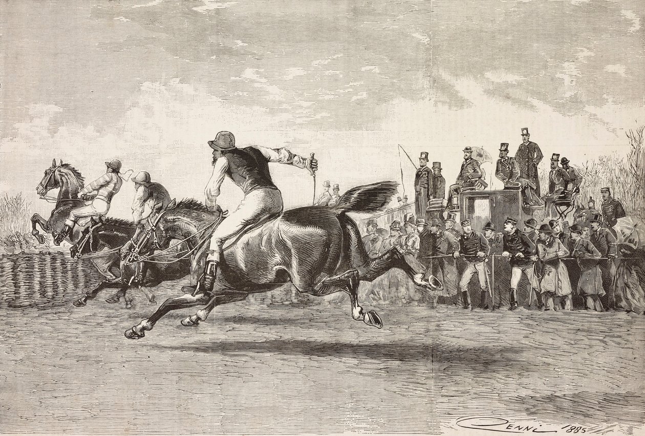 Carrera de caballos en el parque de Villa Arconati, Castellazzo, Italia, grabado de un dibujo de Quinto Cenni, de L