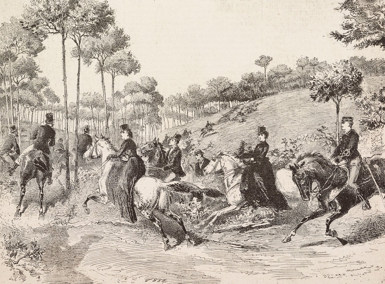 Excursión de caza por la caza milanesa, Italia, grabado de un dibujo de Quinto Cenni, de L